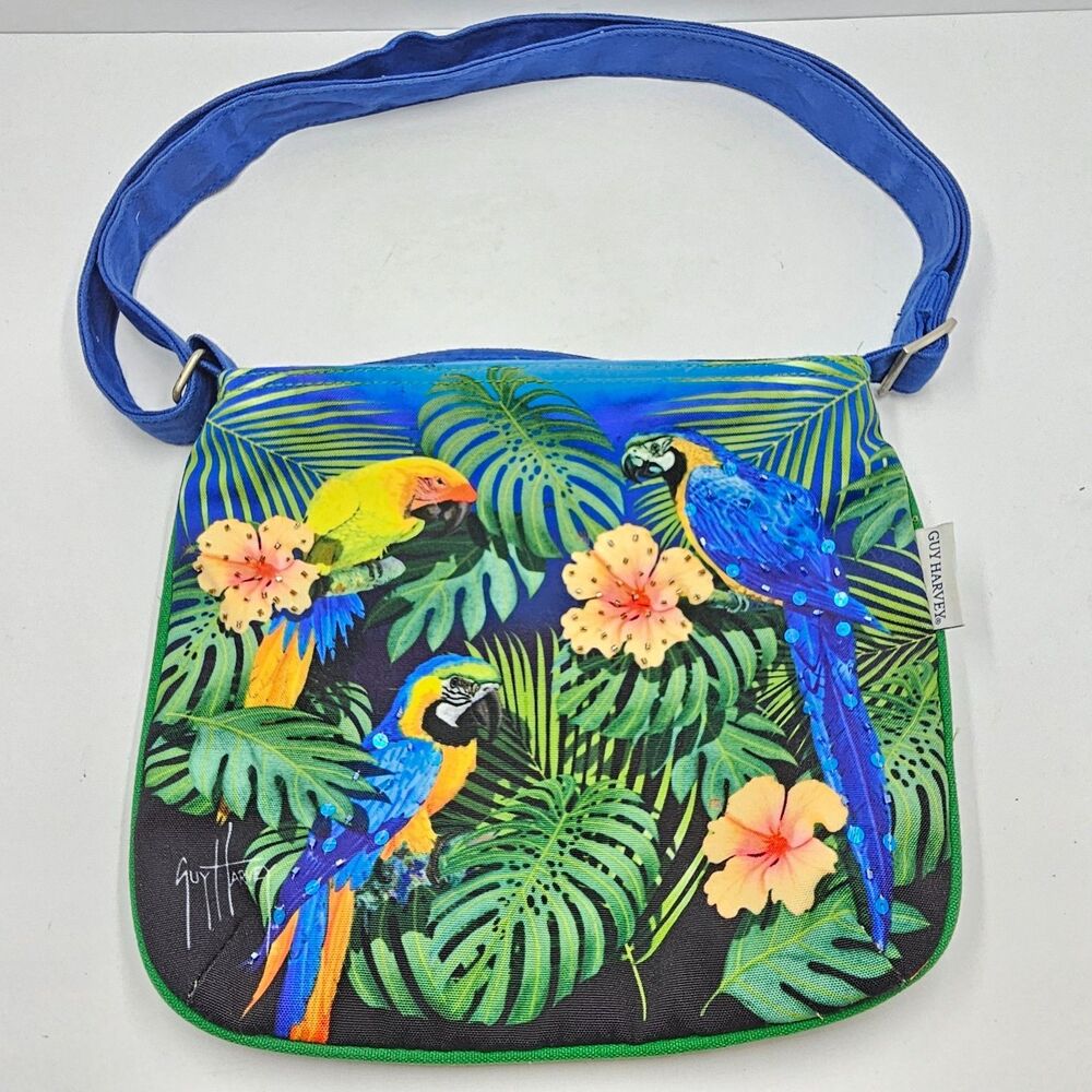 Guy Harvey Parrot Tropical Bird Floral Crossbody Bag Purse Canvas Adjustable